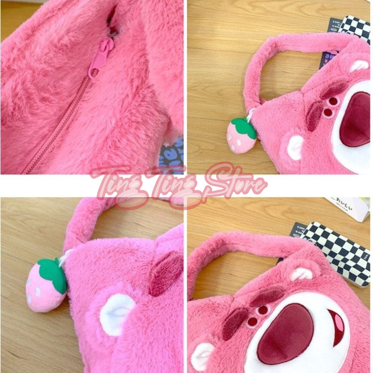 Túi xách gấu dâu có khóa kéo dễ thương kèm charm trái dâu mẫu mới _ Ting Ting