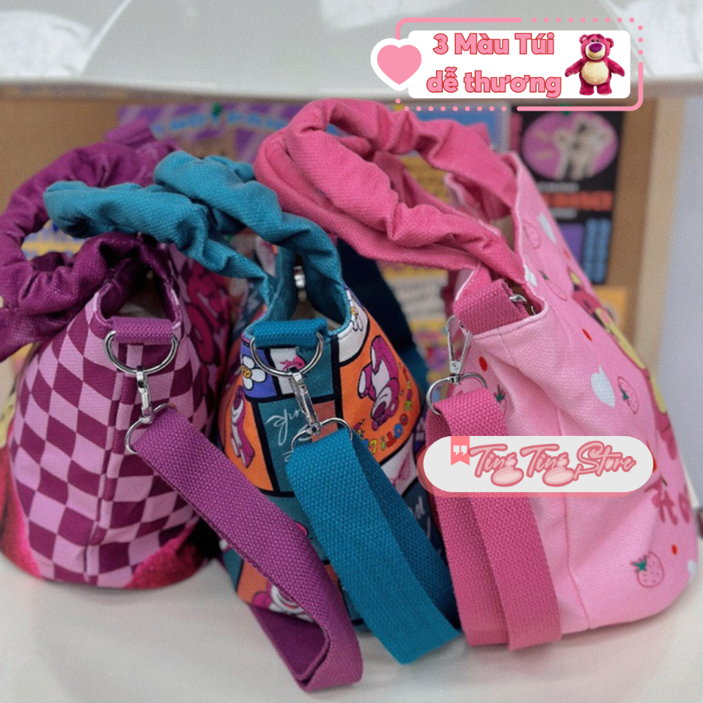 Túi đeo chéo canvas họa tiết gấu dâu tây phù hợp đi làm, đi chơi Mẫu mã mới lạ _ Ting Ting