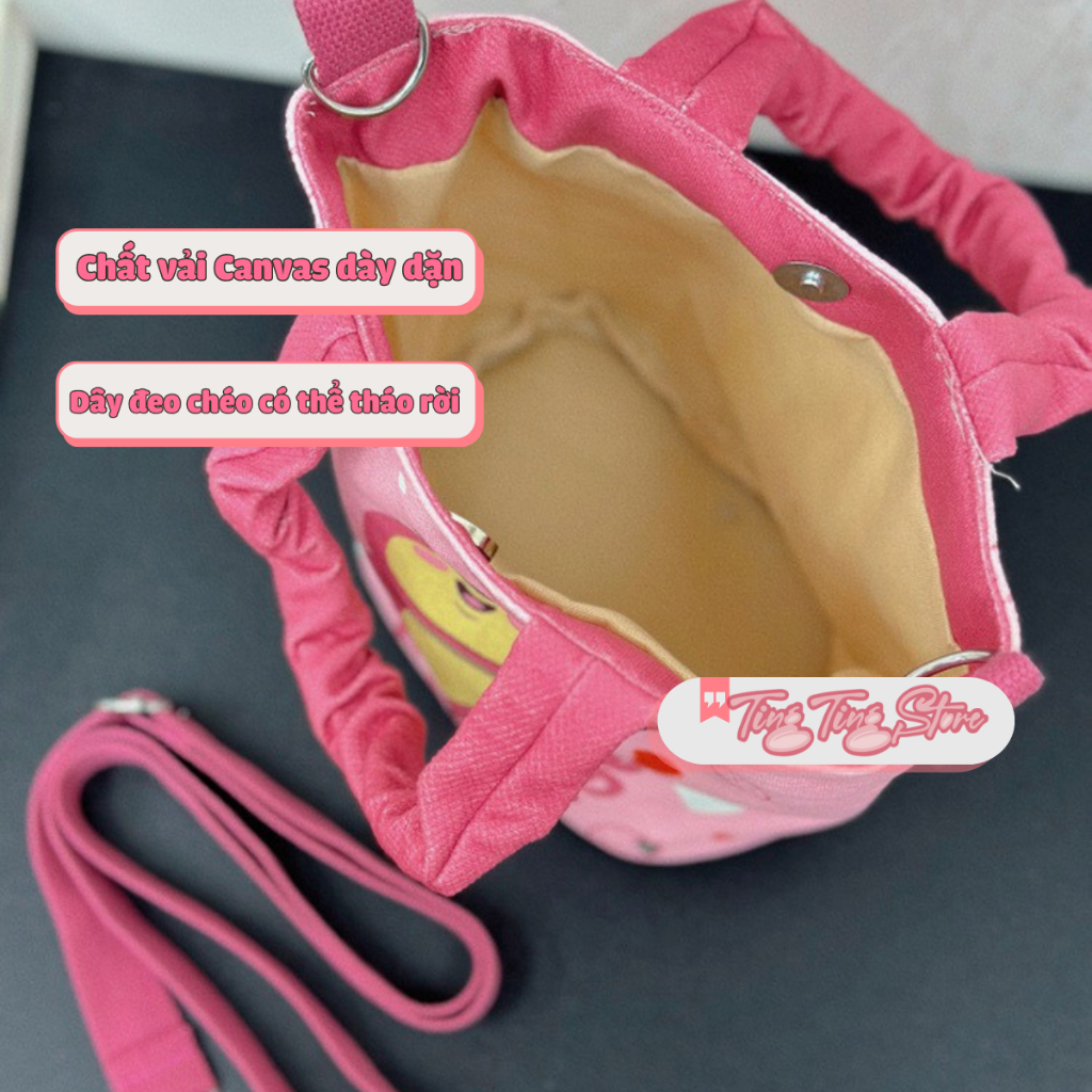 Túi đeo chéo canvas họa tiết gấu dâu tây phù hợp đi làm, đi chơi Mẫu mã mới lạ _ Ting Ting