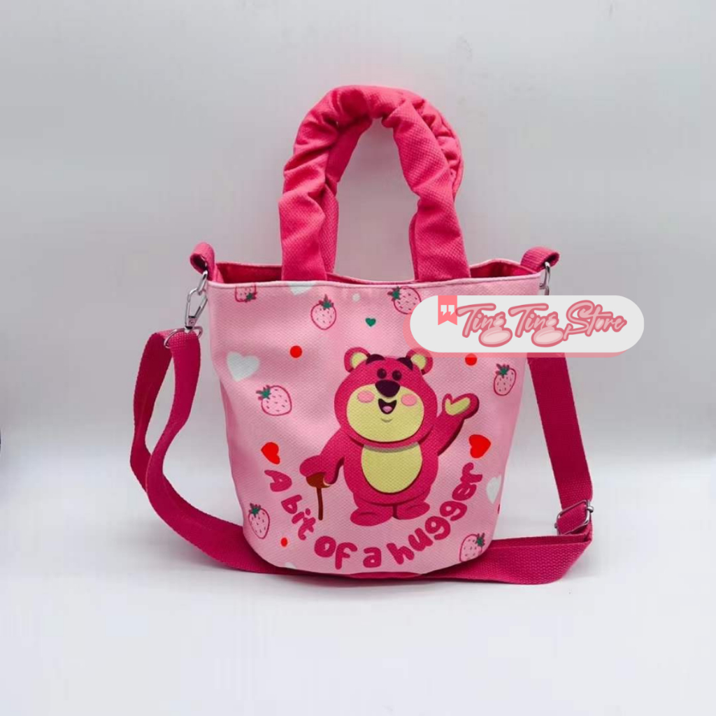 Túi đeo chéo canvas họa tiết gấu dâu tây phù hợp đi làm, đi chơi Mẫu mã mới lạ _ Ting Ting