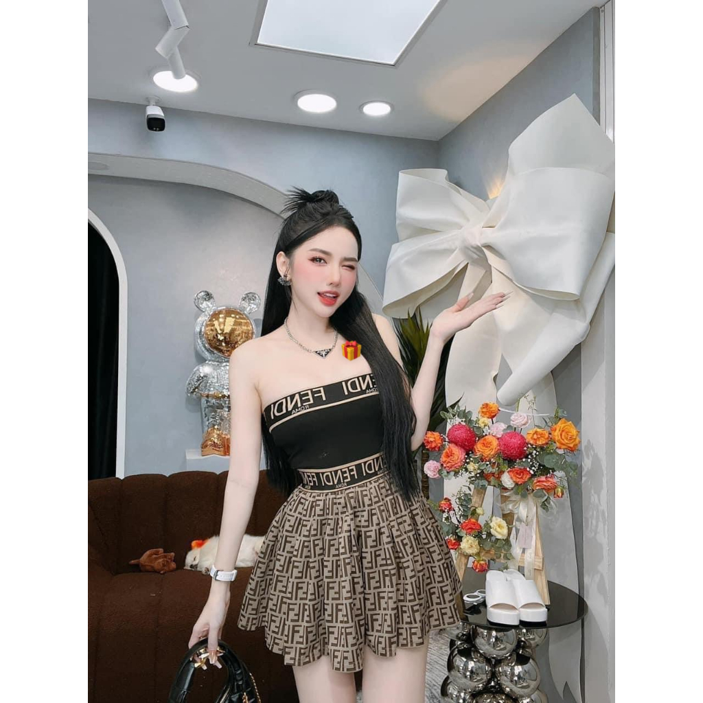 Set bộ nữ chất thun bozip phối đai in chữ 2 món áo ống croptop mix chân váy xòe dáng ngắn xinh xắn