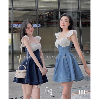 Đầm jean nữ dáng ngắn xòe kiểu trơn 2 dây xanh tiên xinh xắn