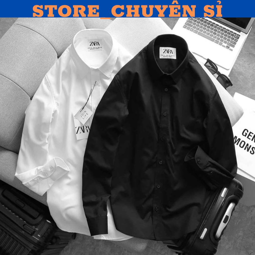 Áo sơ mi nam trắng đen dài tay Z.R cao cấp, mẫu trơn chất vãi lụa dày dặn mềm mịn STORE_CHUYÊN SỈ