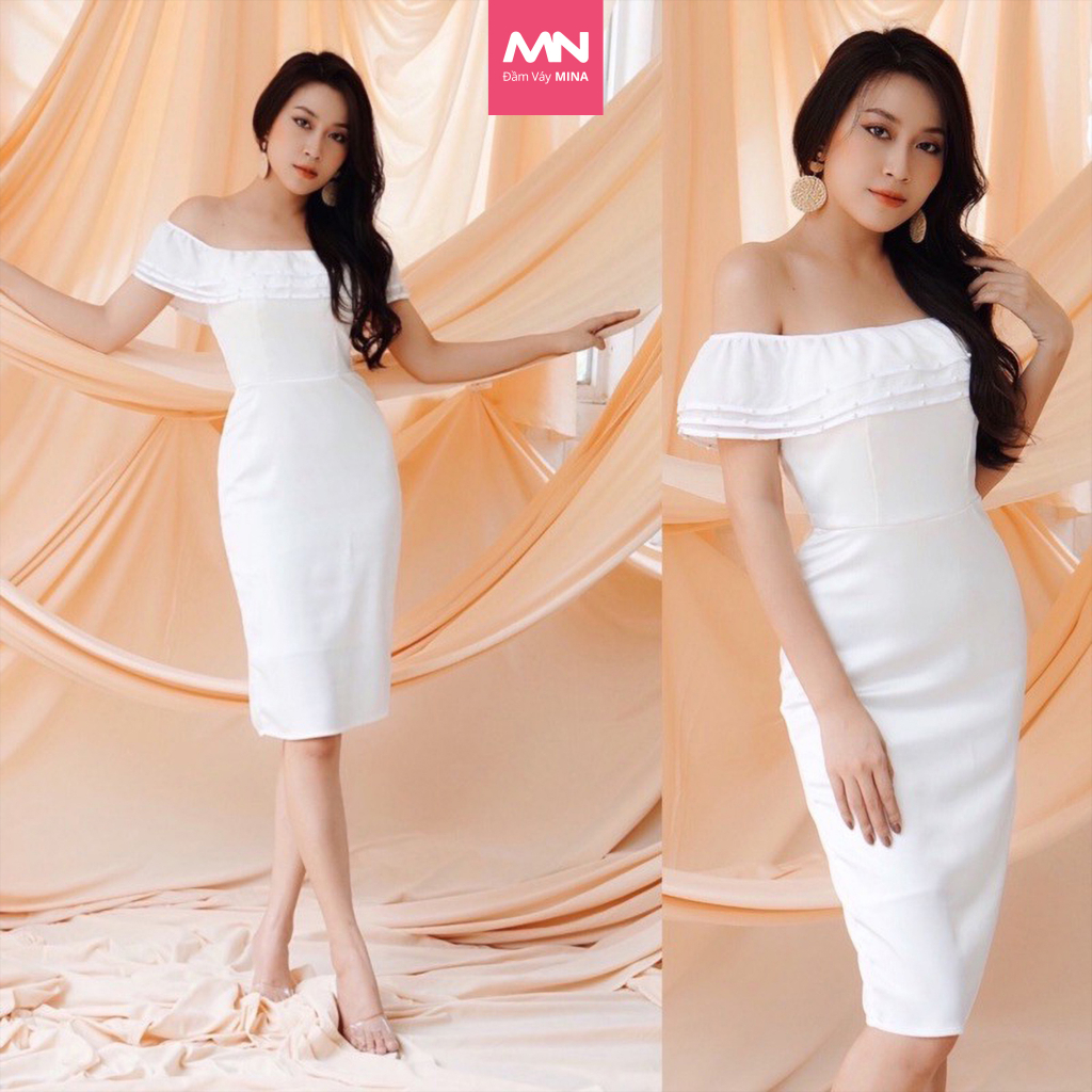 Đầm trắng MINA ôm body midi trễ vai chất liệu phi mờ phối voan tơ sang trọng quyến rũ dự tiệc đi chơi  MN37