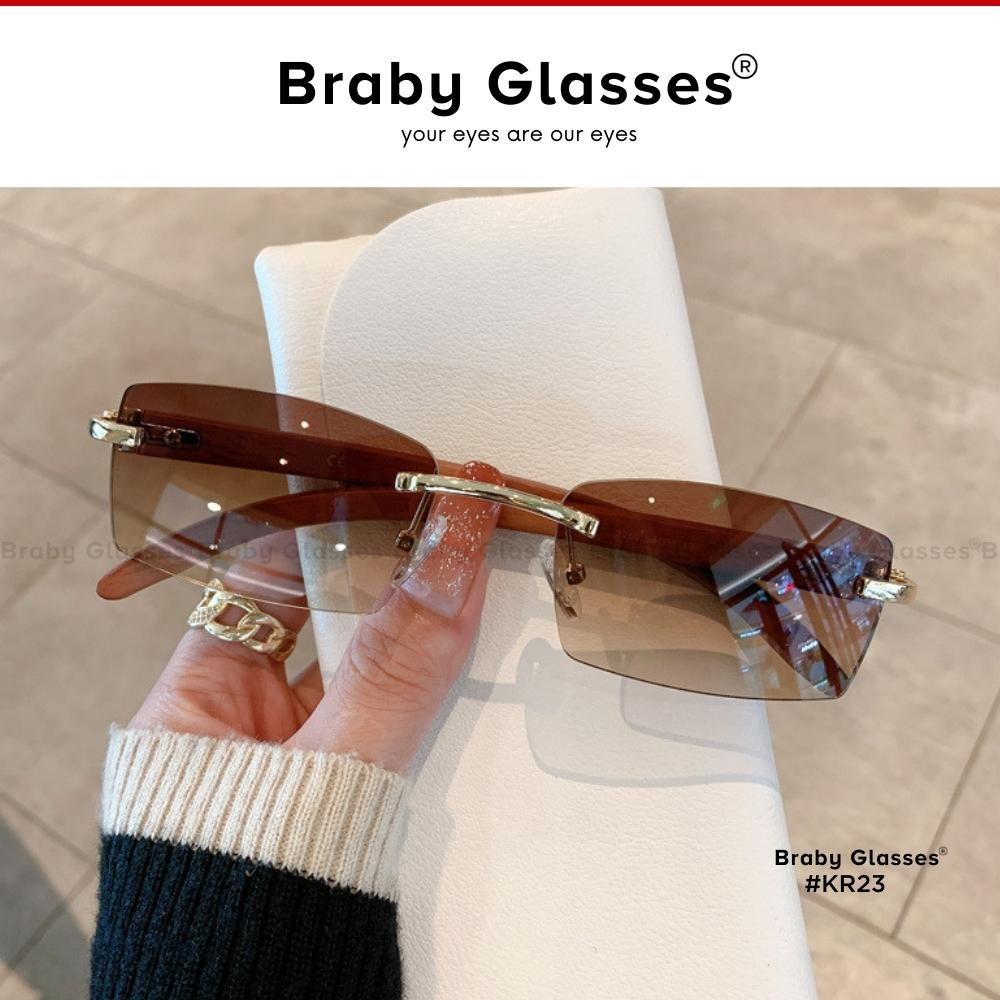 Kính râm mát nam nữ mắt vuông thiết kế cao cấp chống tia UV Braby Glasses gọng nhựa vân gỗ họa tiết sang trọng KR23