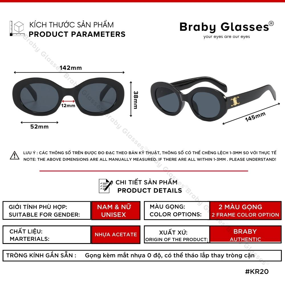Kính râm mát nam nữ mắt tròn thời trang cao cấp Braby Glasses chống tia UV gọng nhựa họa tiết cao cấp KR20
