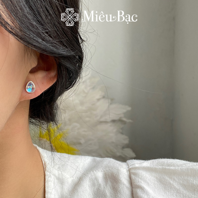 Bông tai bạc nữ Miêu Bạc giọt nước đá mặt trăng moonstone chất liệu bạc 925 thời trang phụ kiện trang sức B000039