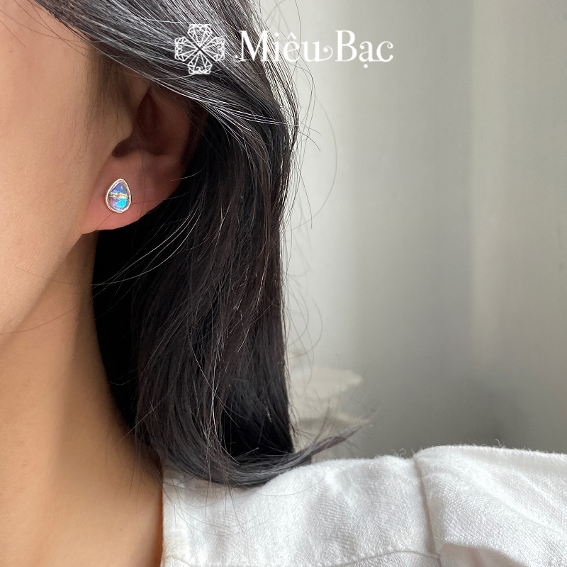 Bông tai bạc nữ Miêu Bạc giọt nước đá mặt trăng moonstone chất liệu bạc 925 thời trang phụ kiện trang sức B000039