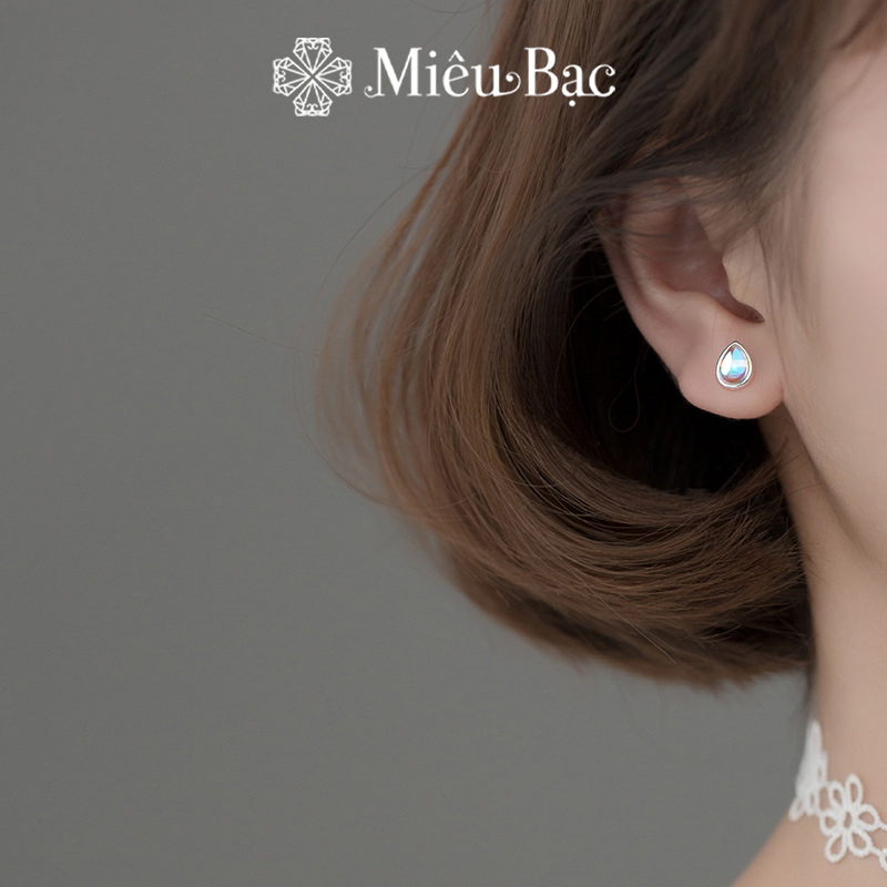 Bông tai bạc nữ Miêu Bạc giọt nước đá mặt trăng moonstone chất liệu bạc 925 thời trang phụ kiện trang sức B000039