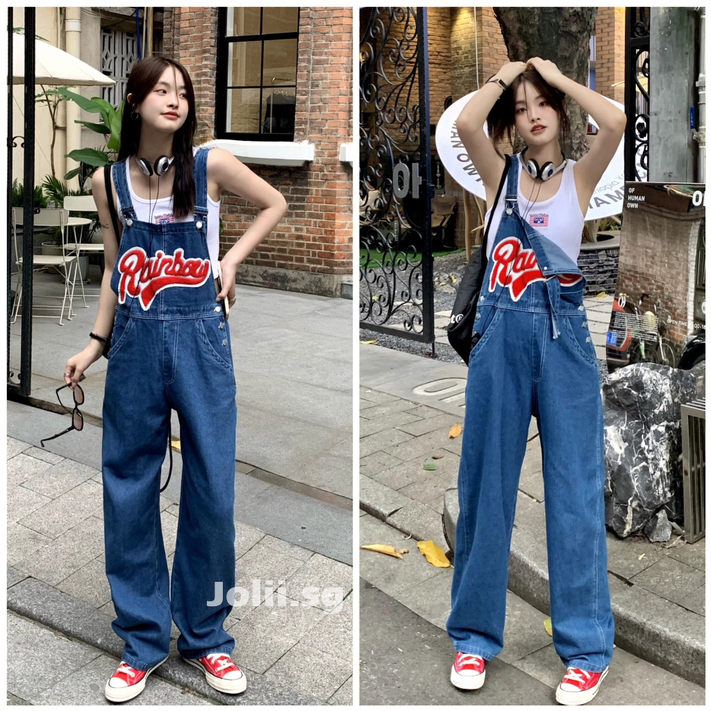 Quần yếm jeans nữ JOLII.SG ống suông rộng phủ giày thêu chữ trước ngực, năng động - cá tính
