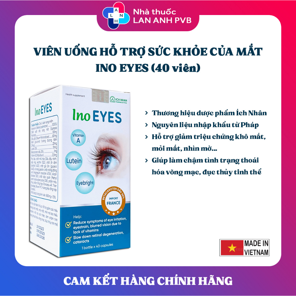 INO EYES (40 viên) - Hỗ trợ cải thiện thị lực, giảm triệu chứng khô mắt, mỏi mắt; giảm tình trạng đục thủy tinh thể.