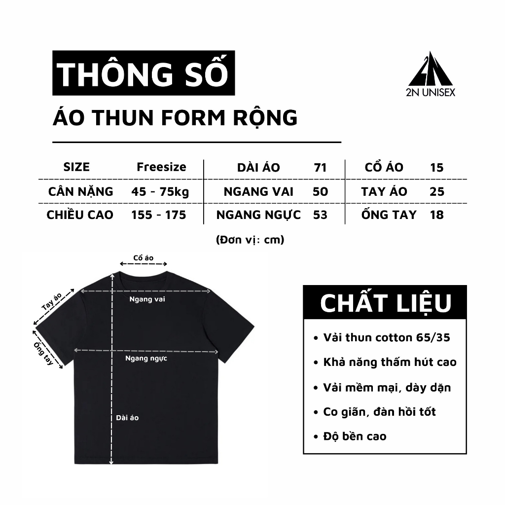 Áo phông nam nữ form rộng 2N Unisex thun cotton Chữ in nổi trắng/đen