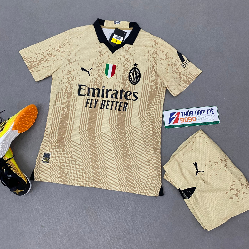 Bộ quần áo bóng đá AC Milanx Koche màu vàng kem FLG 2023 FEX thái cao cấp phom châu Âu