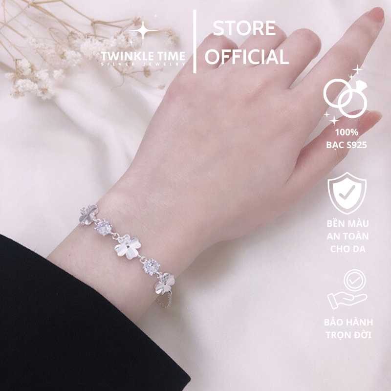 Vòng tay bạc nữ TWINKLE TIME cỏ bốn lá may mắn đính đá cao cấp phong cách Hàn Quốc lấp lánh thu hút mọi ánh nhìn TT020