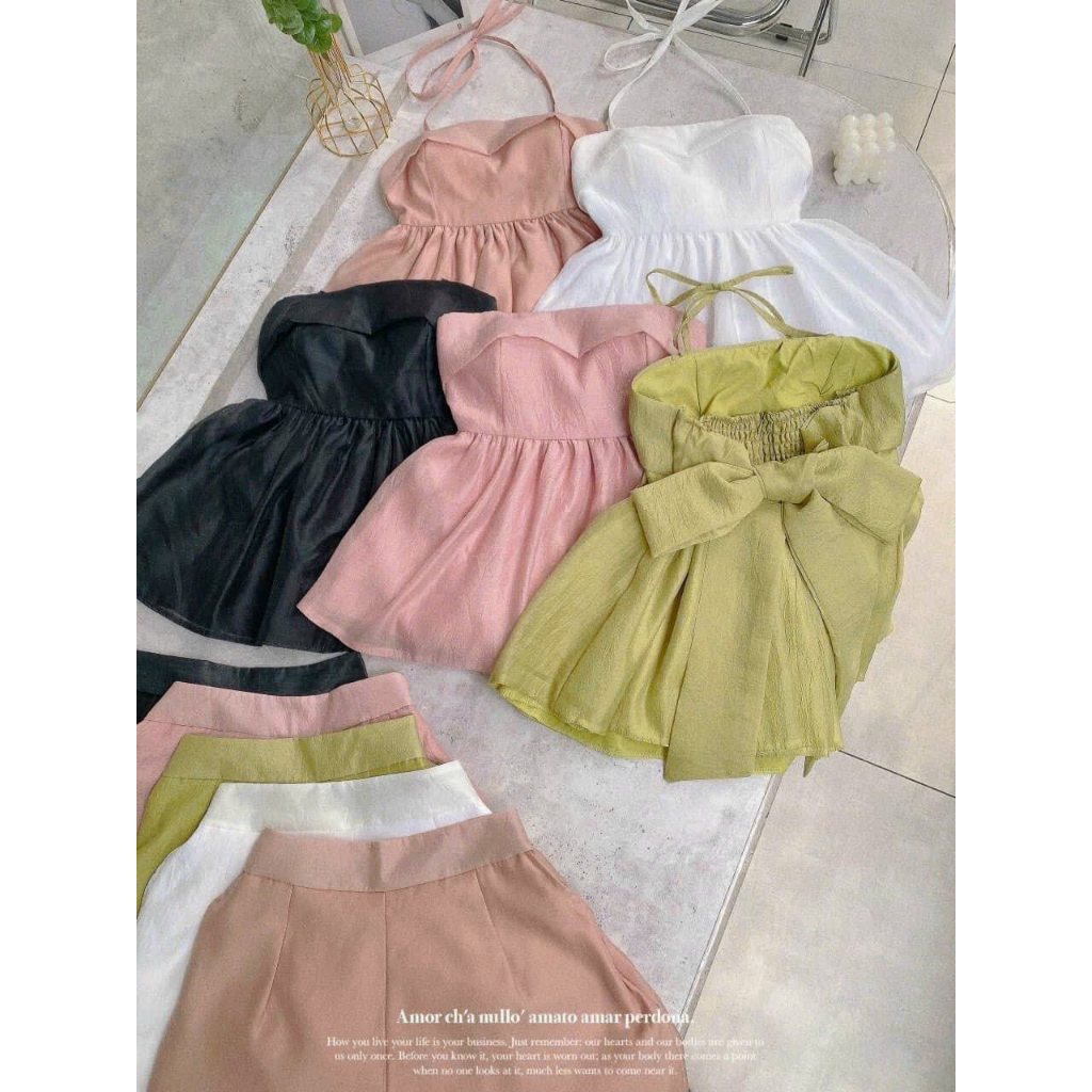 [5.5 Sales Freeship] Set bô đùi babydoll dáng xòe, set áo cúp ngực cột dây cổ phối nơ sau lưng đi biển xinh xấn th