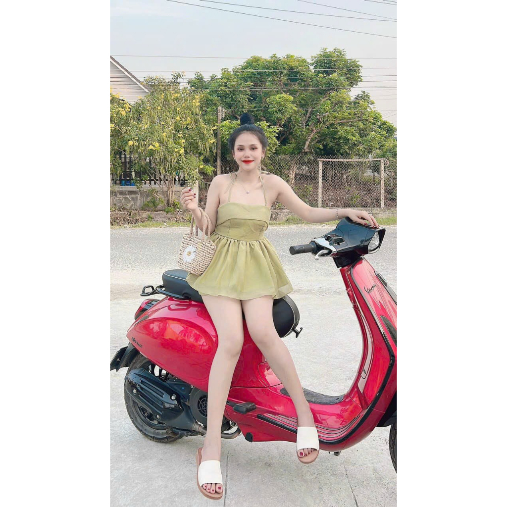 [5.5 Sales Freeship] Set bô đùi babydoll dáng xòe, set áo cúp ngực cột dây cổ phối nơ sau lưng đi biển xinh xấn th