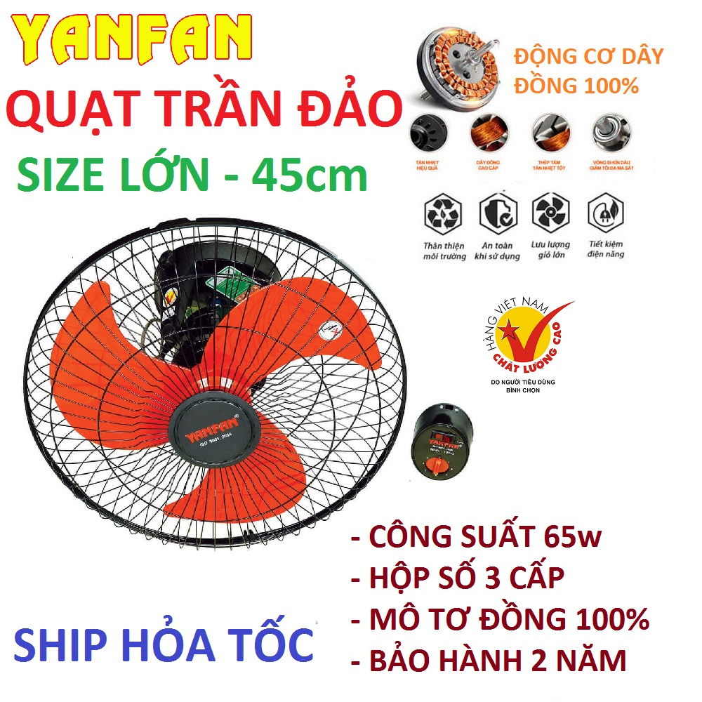 Quạt trần đảo cỡ lớn siêu bền, cánh 45cm, môtơ đồng 100%, BH 2 năm, ship hỏa tốc