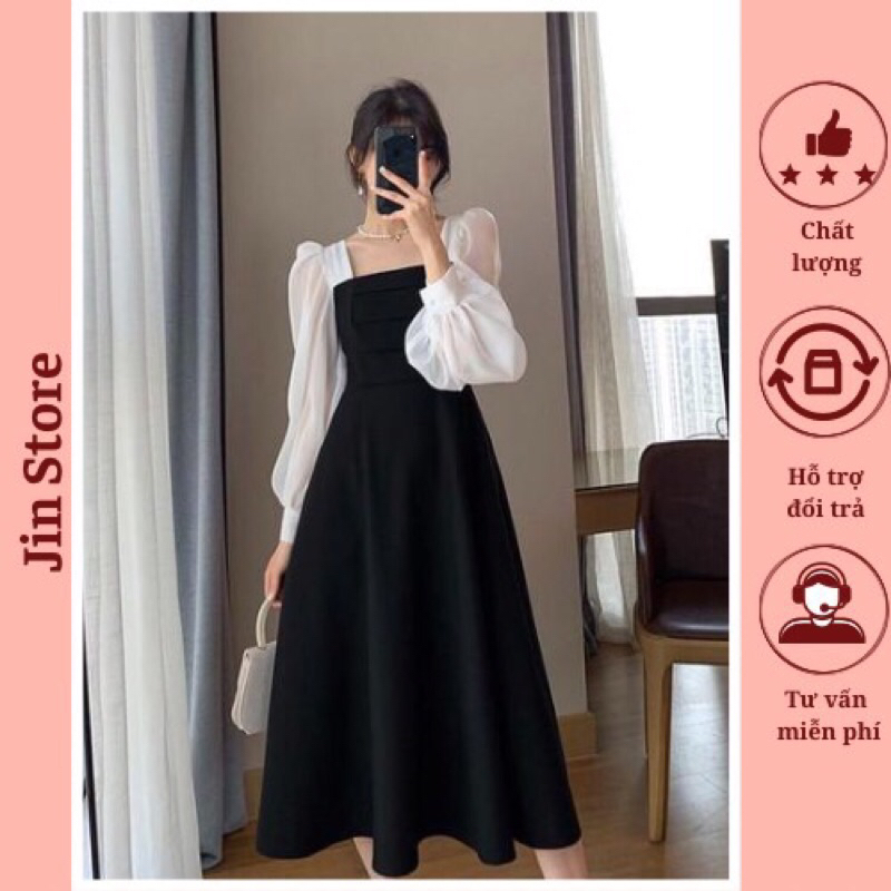Đầm nữ xếp ly trước ngực dáng dài màu đen phối tay dài màu trắng vải voan thiết kê cổ vuông sang chảnh