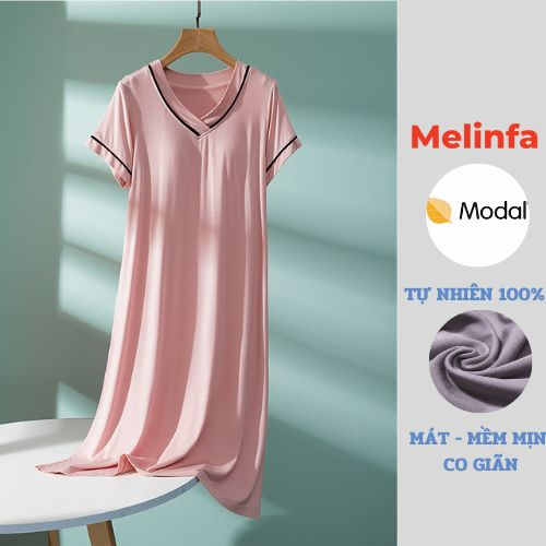 Váy đầm ngủ ngắn tay cổ V đệm ngực vải Modal (gỗ Sồi) mềm mại thoáng mát mặc nhà mùa hè mã VAV0406