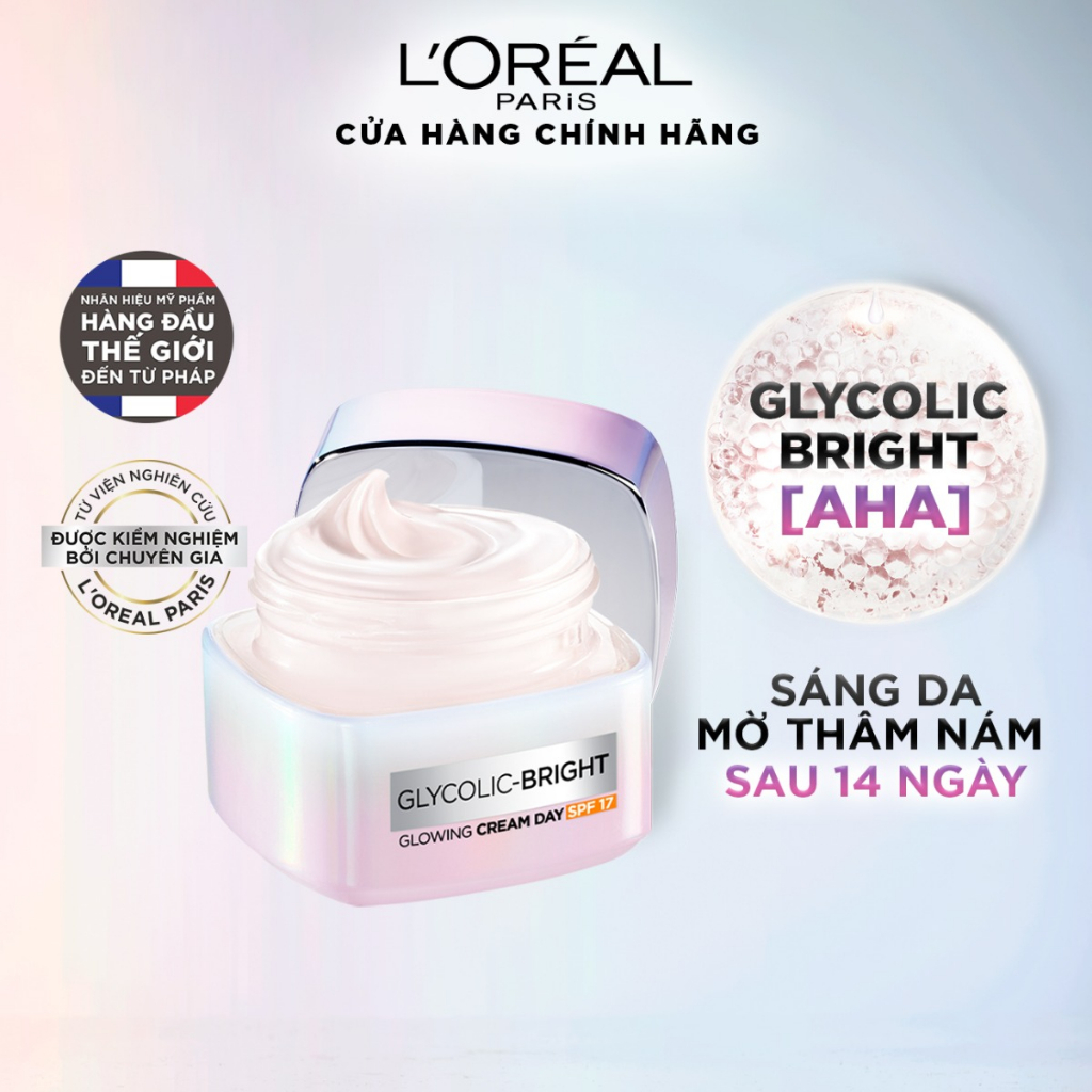 Kem Dưỡng L'Oreal Paris Sáng Mịn Glycolic-Bright Glowing Cream Day SPF 17, Night (50ml)