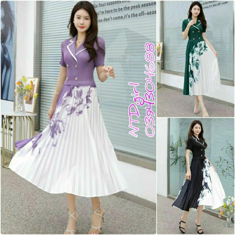 Hàng nhập - Đầm dáng xòe ren lụa xếp li cổ vest đính nút, váy dự tiệc tay ngắn in hoa sang trọng