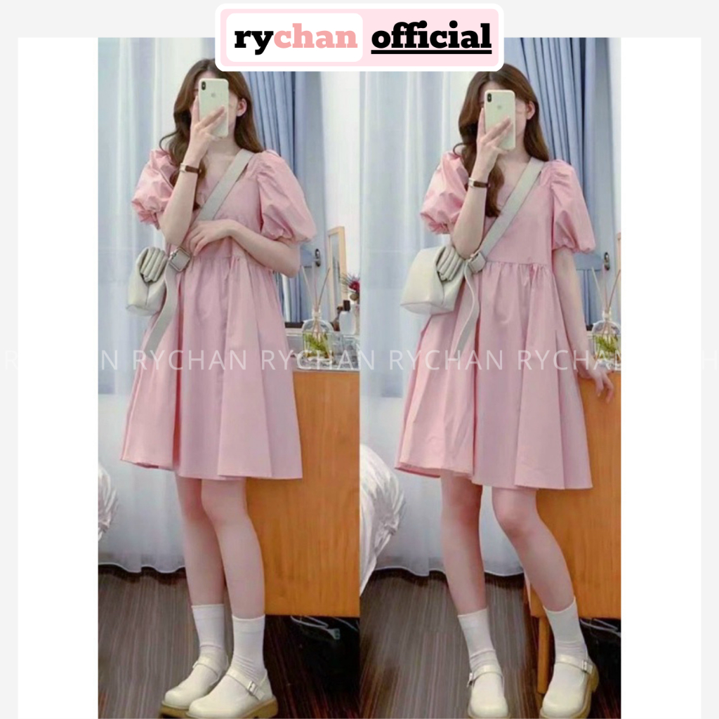 [ẢNH THẬT CUỐI] Đầm Babydoll Nữ Cổ Vuông Tay Ngắn Bồng Đáng Yêu, Đầm Đi Chơi Form Ngắn Dáng Xòe Basic Màu Hồng - DX966