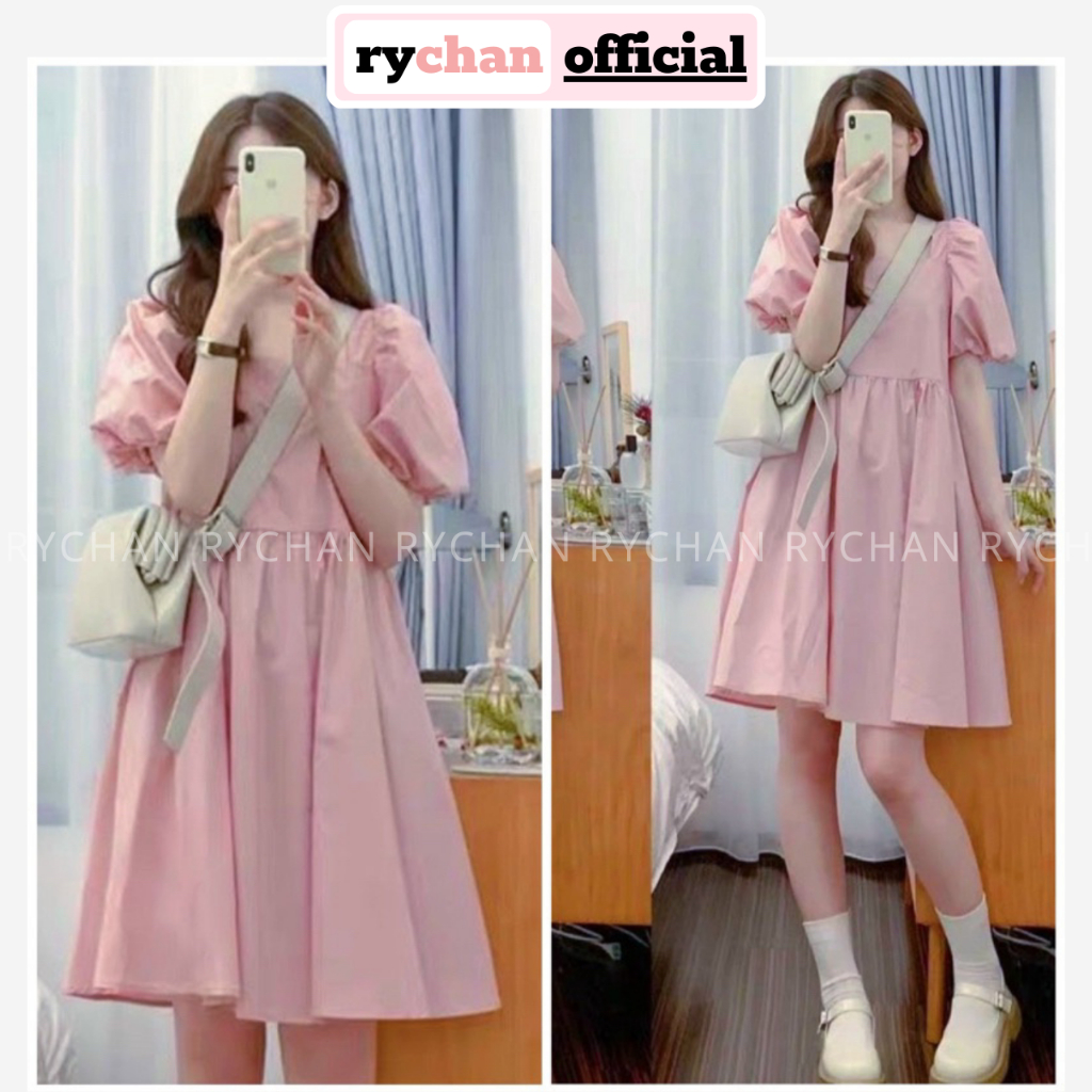 [ẢNH THẬT CUỐI] Đầm Babydoll Nữ Cổ Vuông Tay Ngắn Bồng Đáng Yêu, Đầm Đi Chơi Form Ngắn Dáng Xòe Basic Màu Hồng - DX966