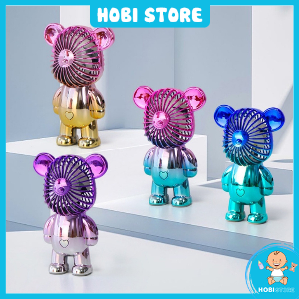 Quạt mini cầm tay gấu Bearbrick 3 cấp độ gió siêu mát, quạt để bàn làm việc trang trí decor dễ thương cổng pin sạc USB
