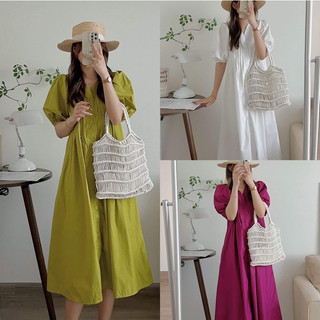 [THANH LÝ] Đầm/Váy sơ mi cổ V xếp ly ngực tay bồng - Momiji Store