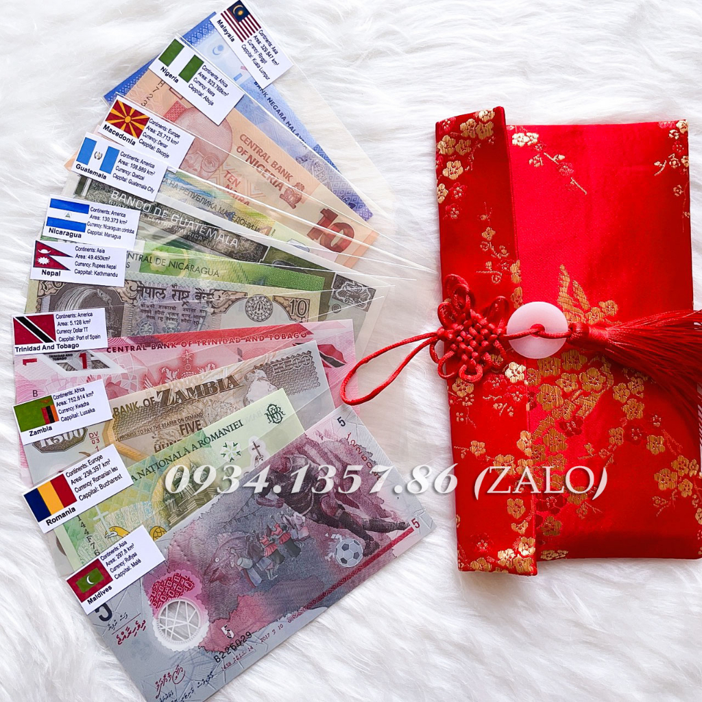 Túi gấm 10 tờ poly.me 10 quốc gia, quà tặng Sưu tầm độc đáo