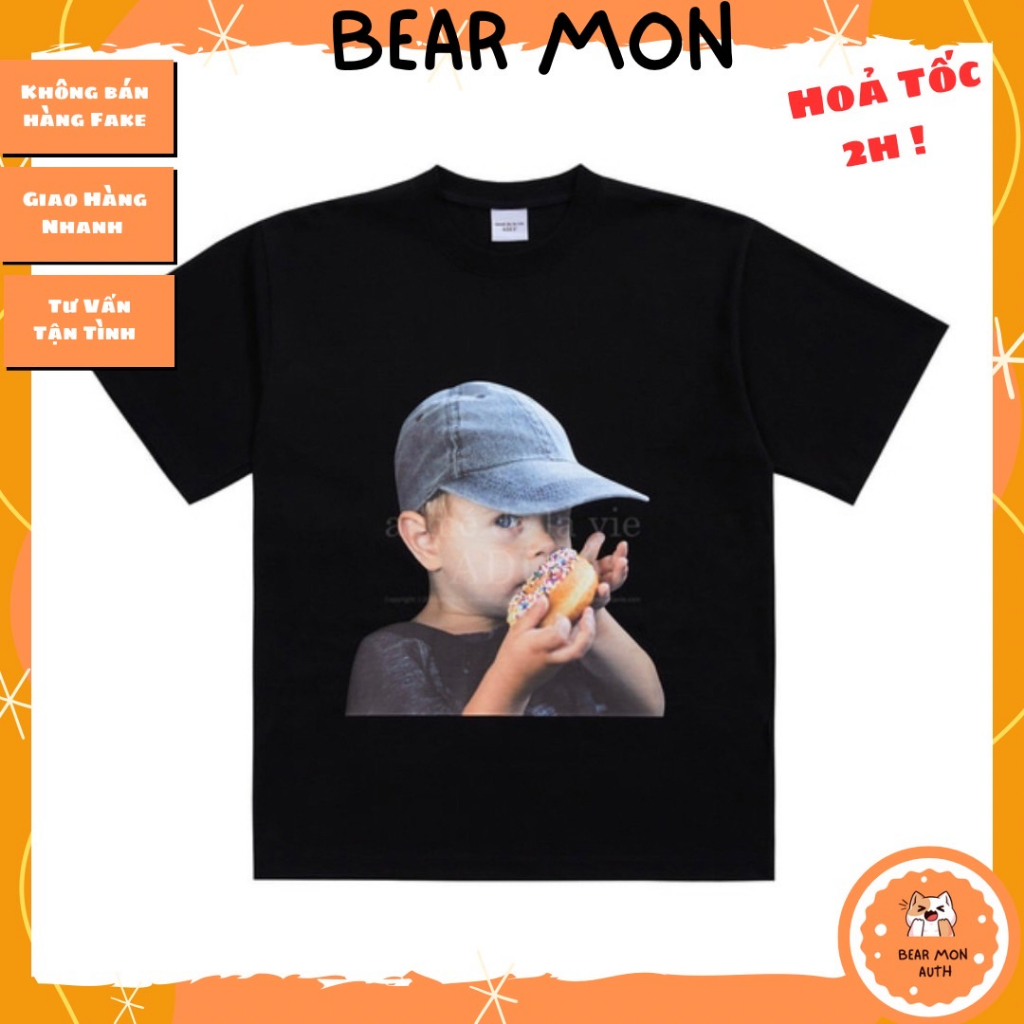 Áo Phông Nam Nữ ADLV Baby Face Short Sleeve T-Shirt Black Cap Boy Áo Màu Đen in hình bé Trai đội nón ăn bánh donuts