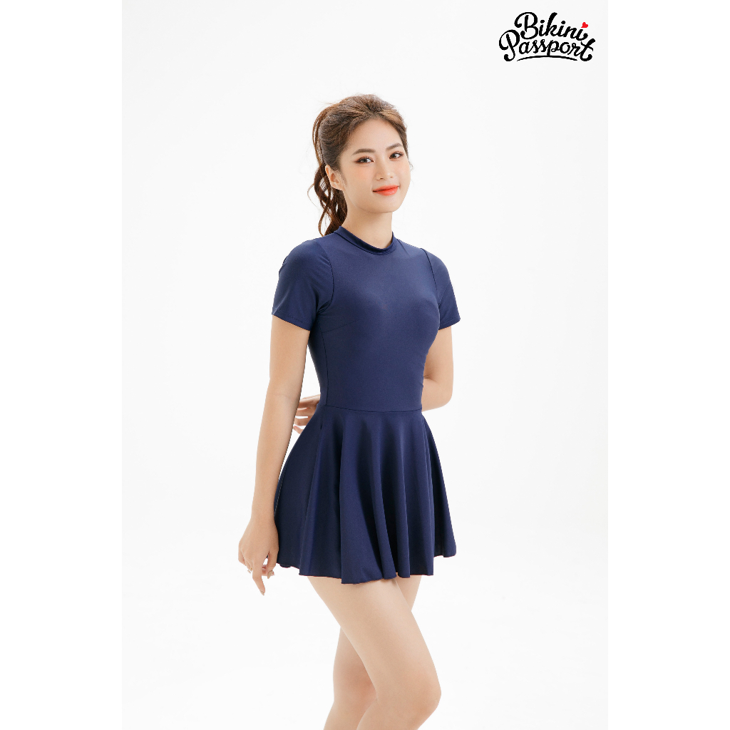 Đồ bơi Nữ 𝐁𝐈𝐊𝐈𝐍𝐈 𝐏𝐀𝐒𝐒𝐏𝐎𝐑𝐓 kiểu Một mảnh váy tay ngắn- màu Xanh navy - BS298_NV