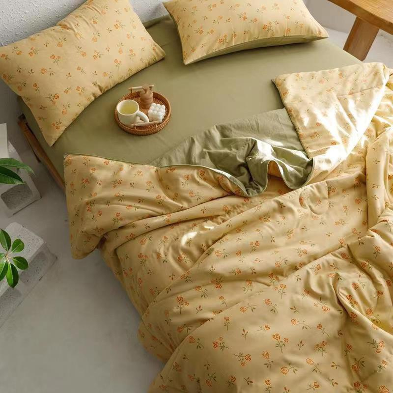 Bộ Chăn Ga Gối Trần Bông Cotton Đũi Lanh Phong Cách Vintage - Hoa Nhí Vàng CA Bedding Decor