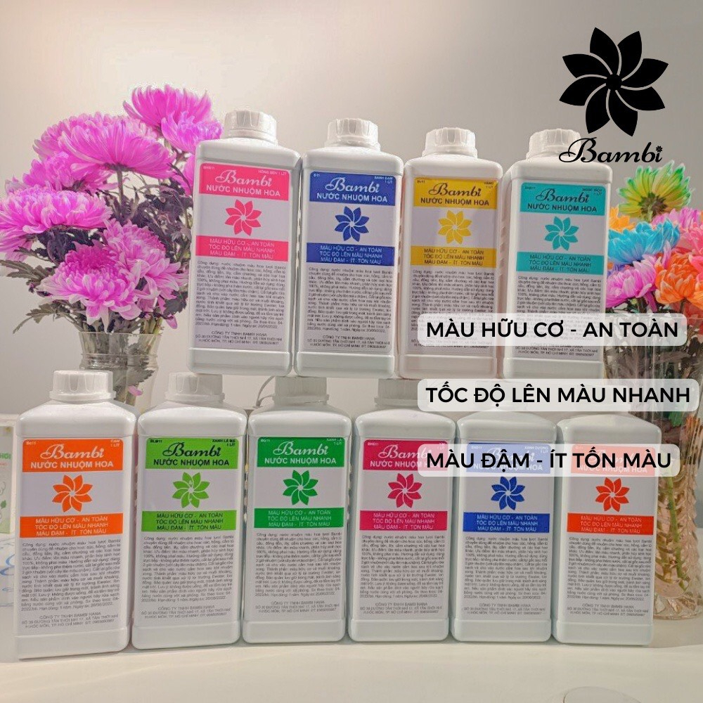 Nước nhuộm hoa tươi Bambi, màu nhuộm hoa giúp đổi màu hoa, thuốc nhuộm hoa lên chuẩn màu tươi hoa chai 1Lit