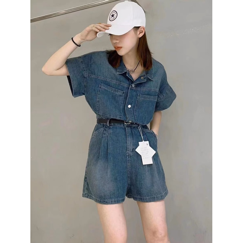 Bộ Jumpsuit JEAN nữ CAO CẤP cổ sơ mi tay ngắn hiện đại thời thượng trẻ trung cực Hot 2023