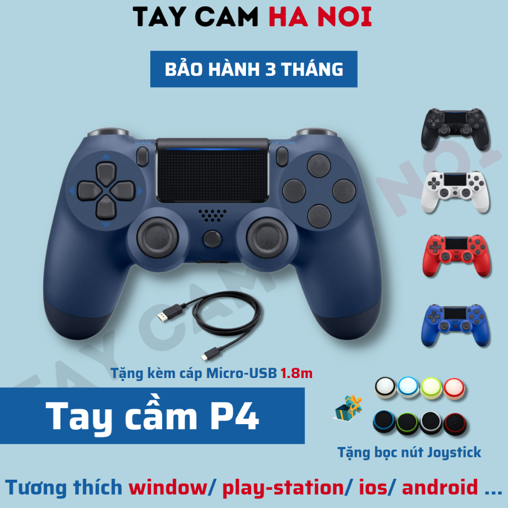 Tay cầm P4, tặng cáp sạc 1.8m, tay cầm chơi game không dây Bluetooth full skills Fifa Online 4, Joystick 360, Touchpad