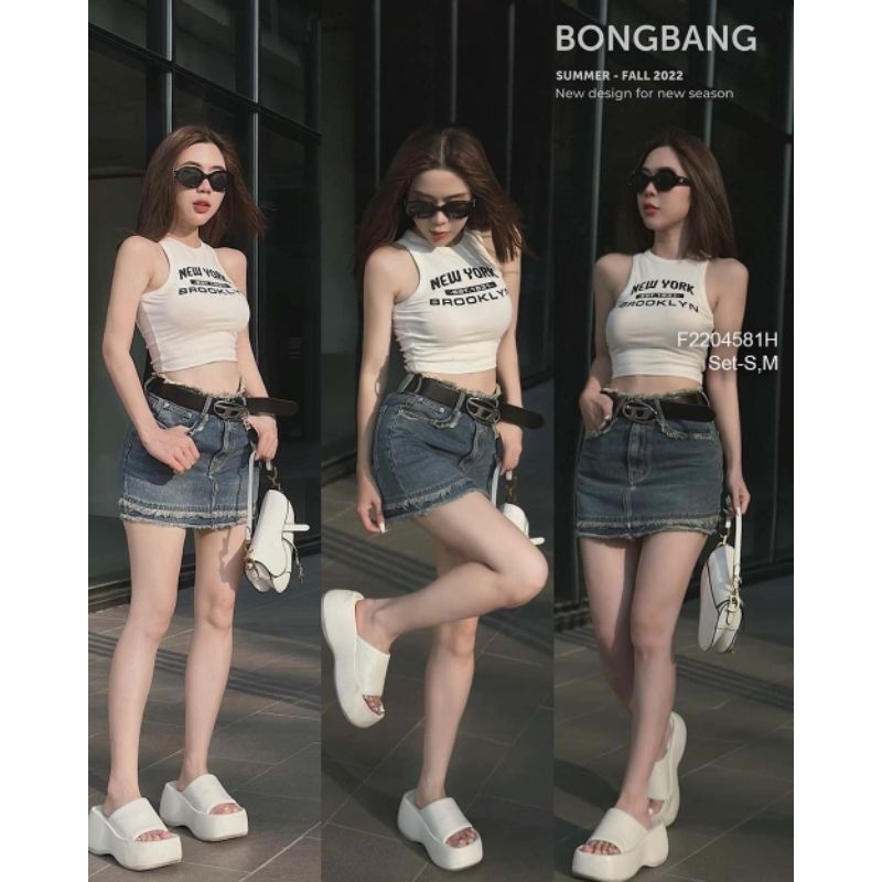 Set váy áo thun croptop ba lỗ kết hợp chân váy jean ngắn viền tua rua cá tính! H0423