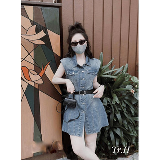 Váy jean độn vai kèm belt