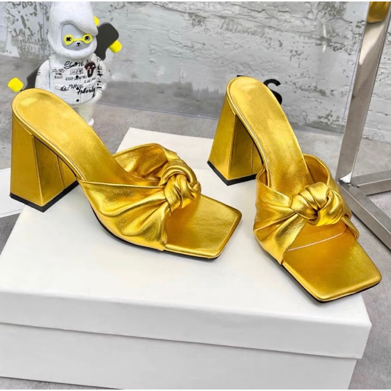 ORDER 🌼 Giày Korea quai xoắn nơ mũi vuông da trơn gót 9cm 35-39