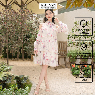 Đầm babydoll tiểu thư KOISAN 3 tầng nơ cổ buộc lệch chất liệu tơ nhũ cao cấp họa tiết hoa S2382017