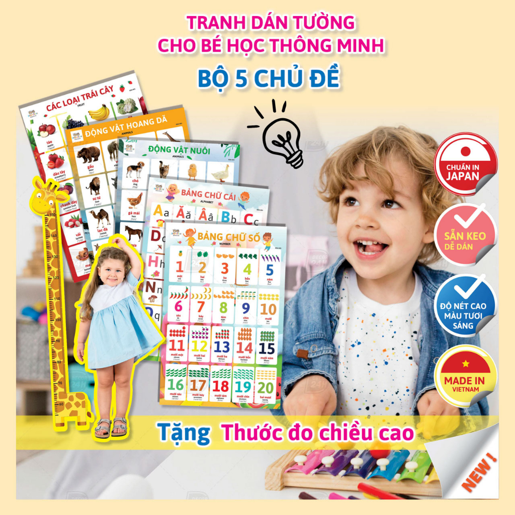 Decal bảng dán tường song ngữ Anh Việt thông minh, nhiều chủ đề cho bé phát triển não bộ kích thước 45x30cm KDA Decor24h