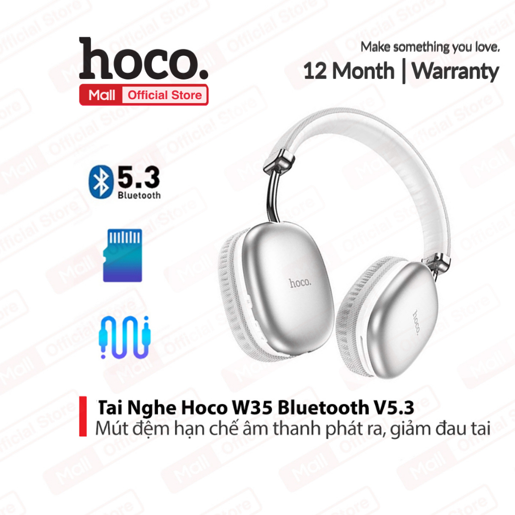 Tai Nghe Bluetooth V5.3 Hoco W35 pin khủng 400mAh có mút đệm hạn chế âm thanh phát ra, giảm đau tai khi sử dụng (TRẮNG)