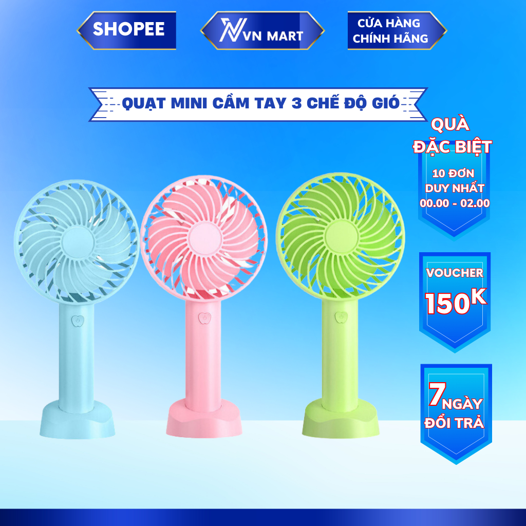 Quạt mini cầm tay tích điện 3 cấp độ gió,quạt cầm tay có đế để điện thoại thông minh sạc USB tiện lợi QMN01