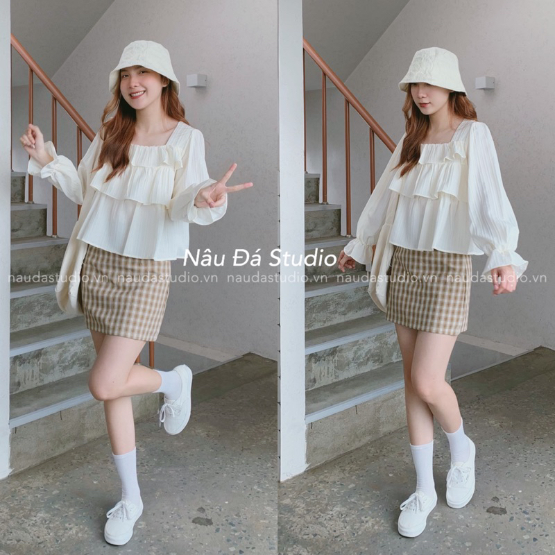 ÁO BABYDOLL TẦNG CỔ VUÔNG  - NÂU ĐÁ STUDIO.
