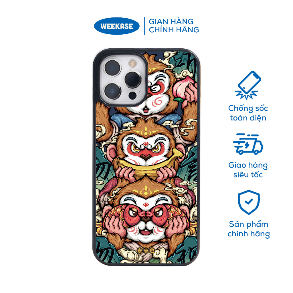 Ốp lưng iPhone viền trắng, đen chống sốc chống va đập Weekase in hình 3 con khỉ - Màu in cực bền