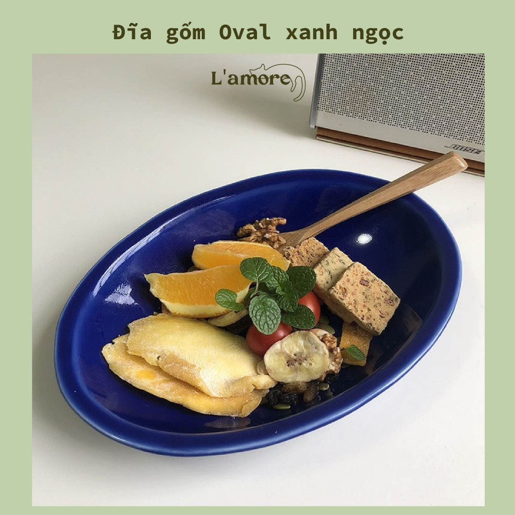 Đĩa gốm/sứhàn quốc hình oval màu xanh dương, đĩa gốm decor, đĩa sứ sâu lòng