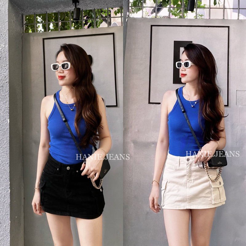 HÀNG CÓ SẴN - Chân váy jeans ZR túi hộp 2 bên có quần bảo hộ nhiều tone màu Rêu - Đen - Vàng Kaki - Trắng Vani