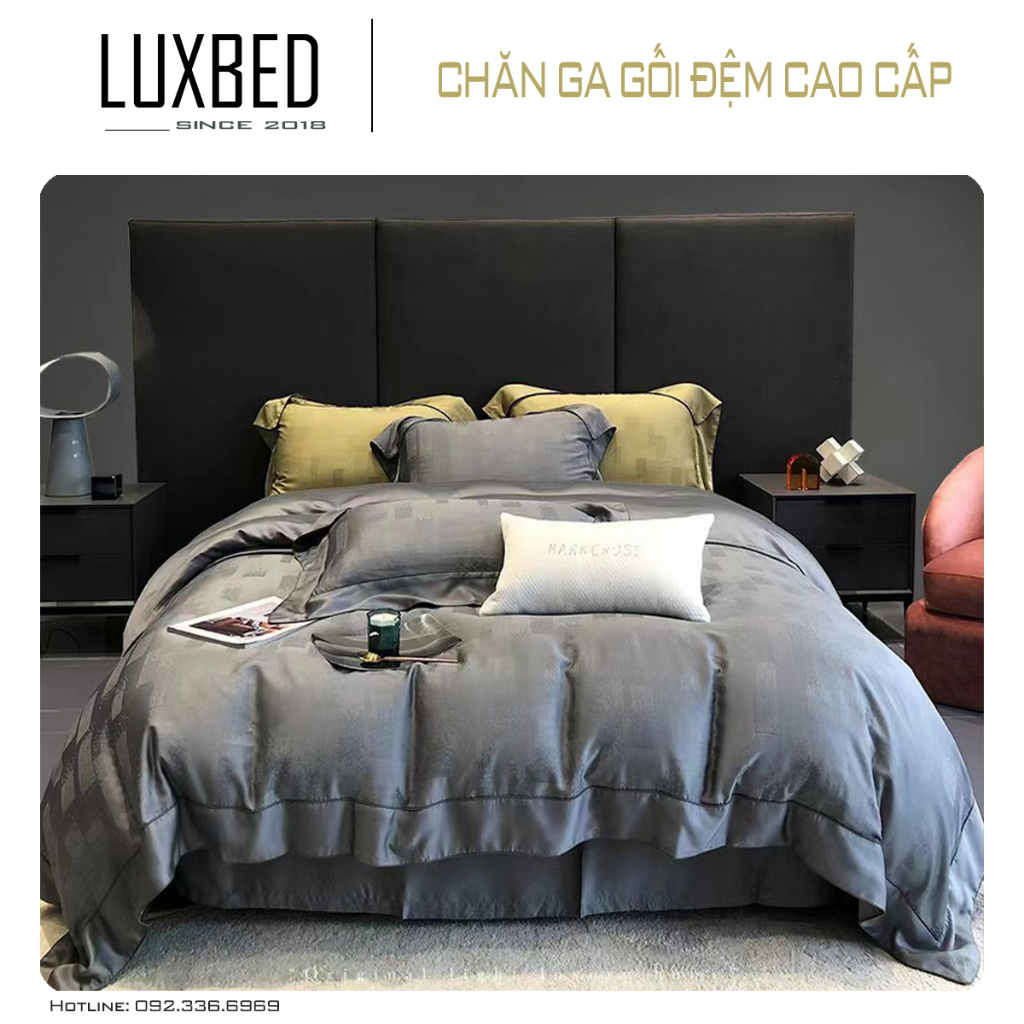 Set chăn ga gối Tencel Markcross 100s dệt vân chìm ô vuông lấp lánh cao cấp - Luxbed