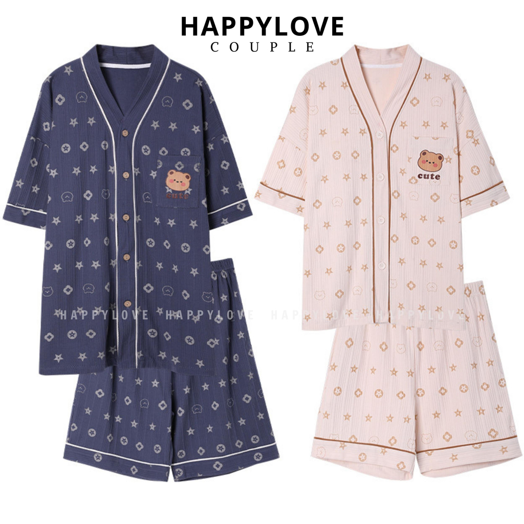 Đồ ngủ đôi pijama nam nữ bộ đồ cặp mặc nhà mùa hè ngắn tay HAPPYLOVE hoạ tiết xinh xắn M075