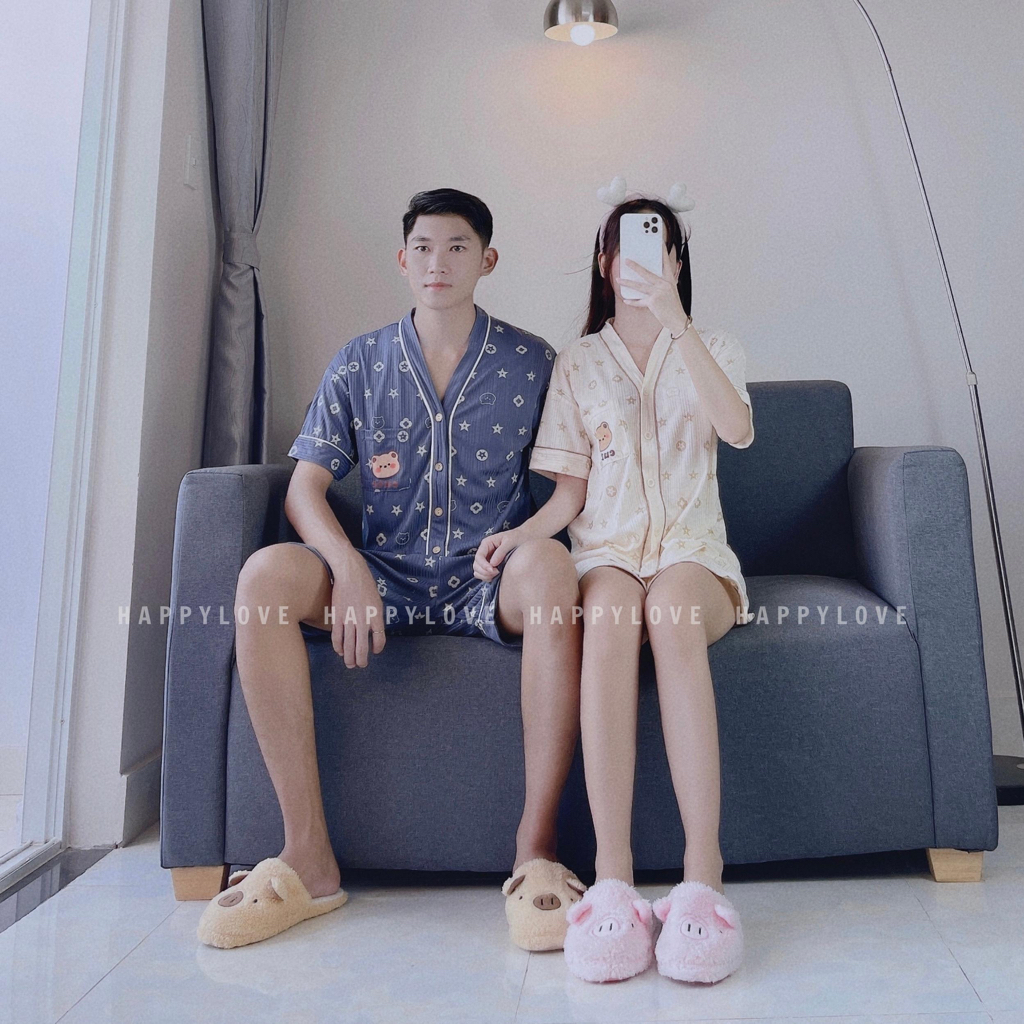 Đồ ngủ đôi pijama nam nữ bộ đồ cặp mặc nhà mùa hè ngắn tay HAPPYLOVE hoạ tiết xinh xắn M075